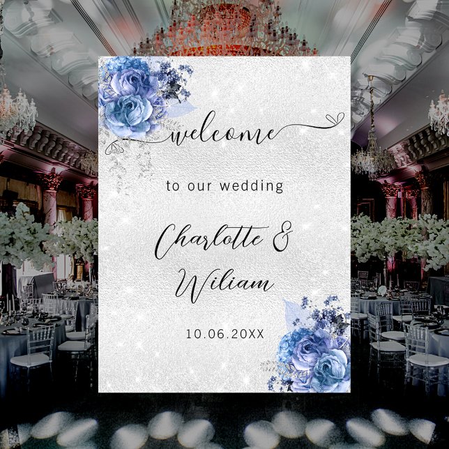 Wedding silver blue florals welcome poster (Creator Uploaded)