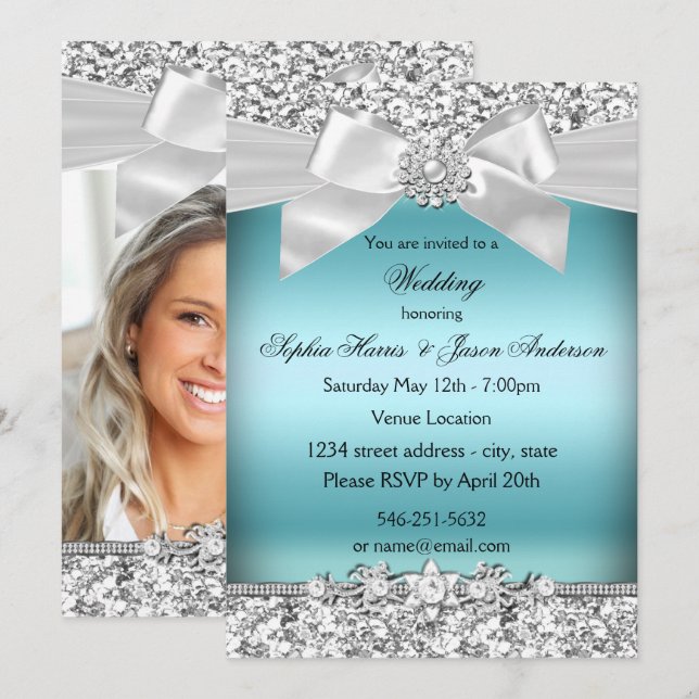 Wedding Silver Blue Glitter Jewel Bow  Invitation (Front/Back)
