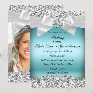 Wedding Silver Blue Glitter Jewel Bow  Invitation