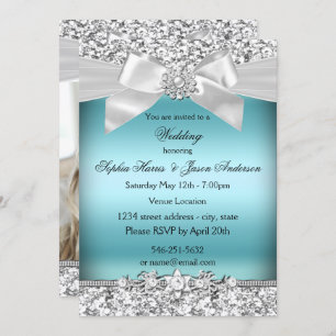 Wedding Silver Blue Glitter Jewel Bow  Invitation