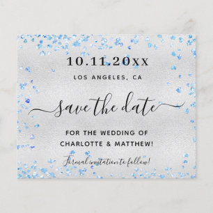 Wedding silver blue hearts budget save the date flyer