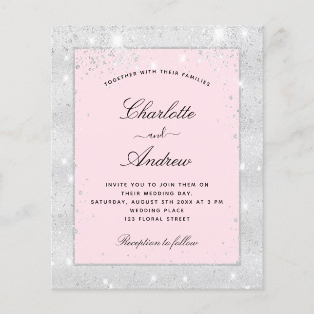Wedding silver blush glitter budget invitation flyer (Front)