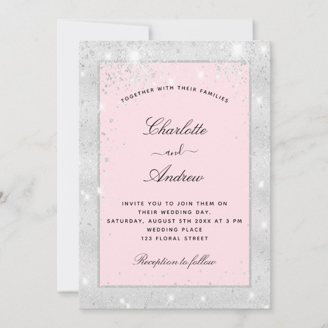 Wedding silver blush glitter dust elegant invitation (Front)