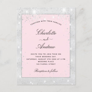 Wedding silver blush glitter dust invitation postcard