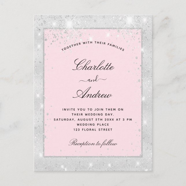 Wedding silver blush glitter dust invitation postcard (Front)