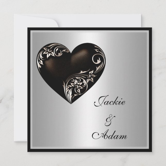 Wedding Silver Floral Black Heart Modern Invitation (Front)