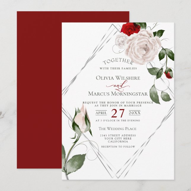 Wedding | Silver Frame Pale Blush Watercolor Roses Invitation (Front/Back)