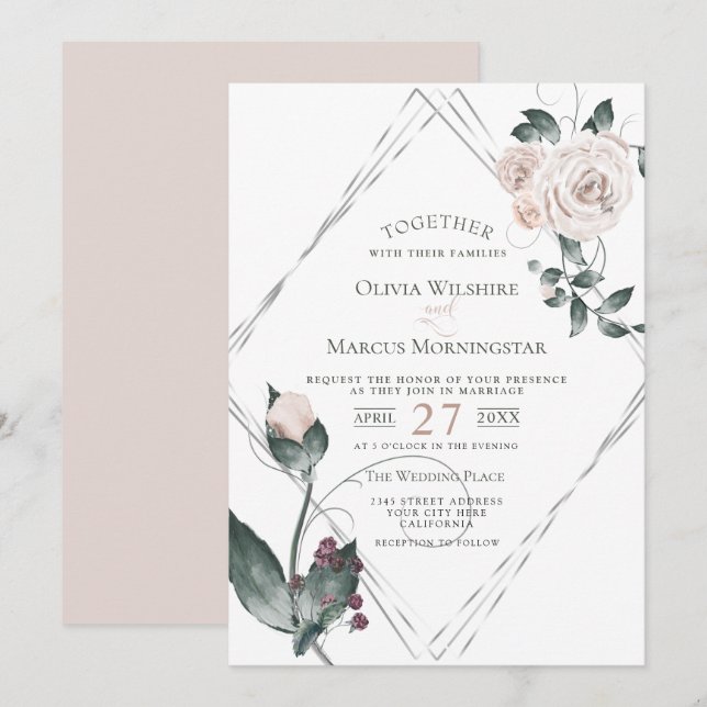 Wedding | Silver Frame Pale Pink Watercolor Roses Invitation (Front/Back)