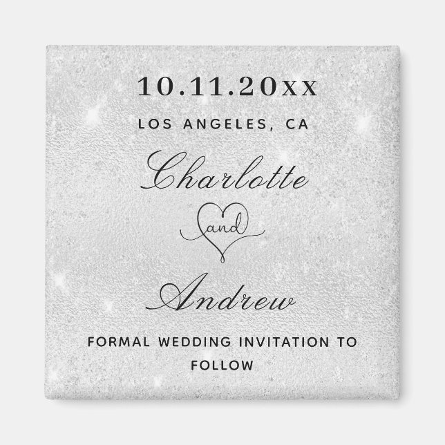 Wedding silver glitter dust elegant save the date magnet (Front)