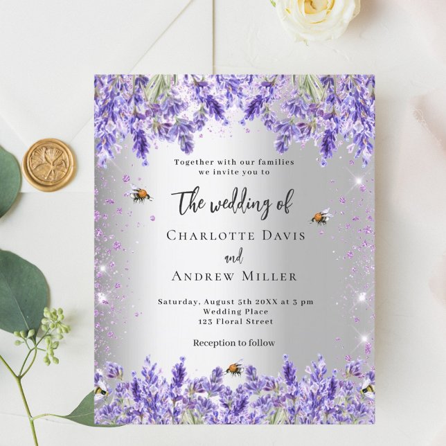 Wedding silver lavender florals bees invitation (Creator Uploaded)