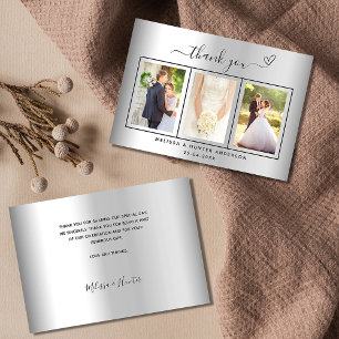 Wedding silver photo heart simple script elegant thank you card