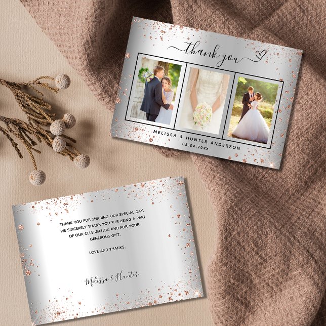 Wedding silver photo rose heart script elegant thank you card (Creator Uploaded)