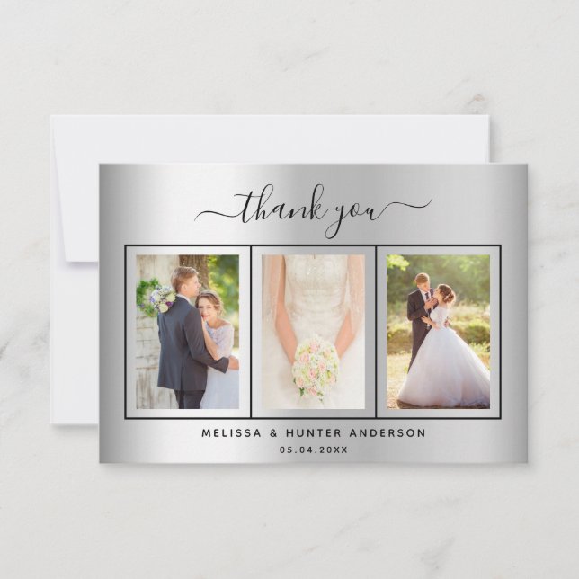 Wedding silver photo script elegant modern thank you card (Front)