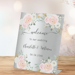 Wedding silver pink flowers script welcome pedestal sign