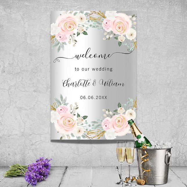 Wedding silver pink flowers script welcome poster (Creator Uploaded)