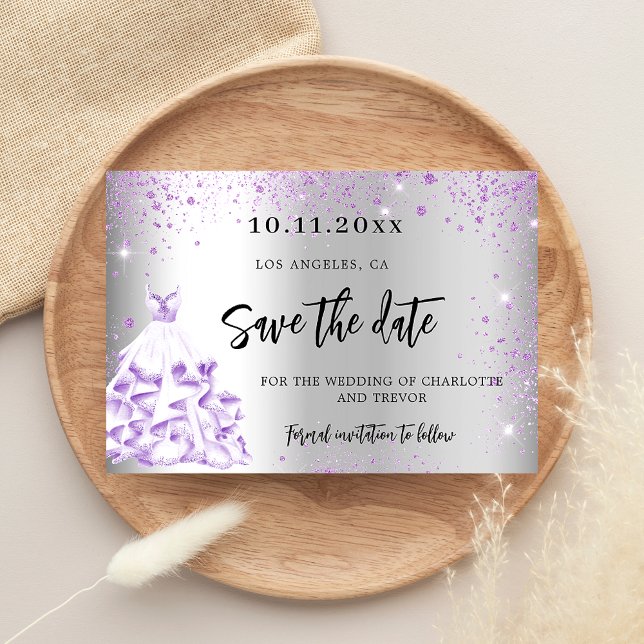 Wedding silver purple dress save the date announcement postcard (Creator Uploaded)