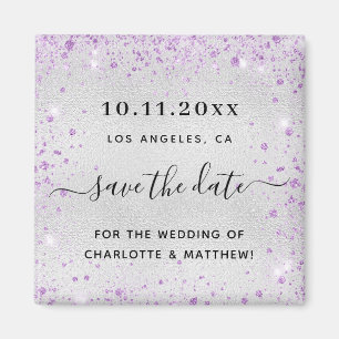 Wedding silver purple glitter dust save the date  magnet