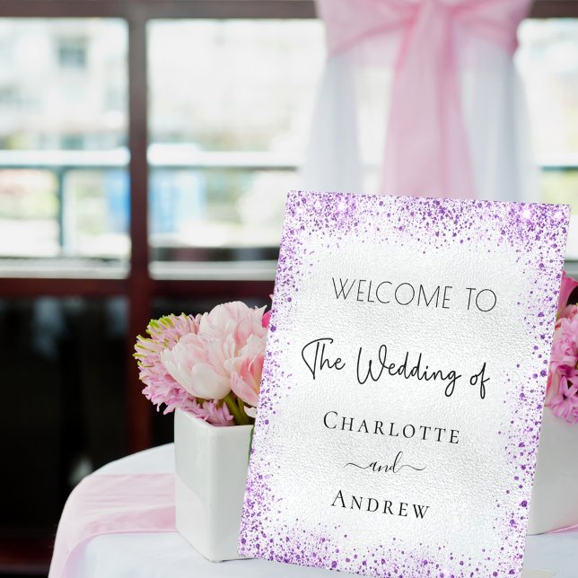 Wedding silver purple sparkles welcome pedestal sign (Creator Uploaded)