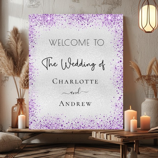 Wedding silver purple sparkles welcome poster (Creator Uploaded)