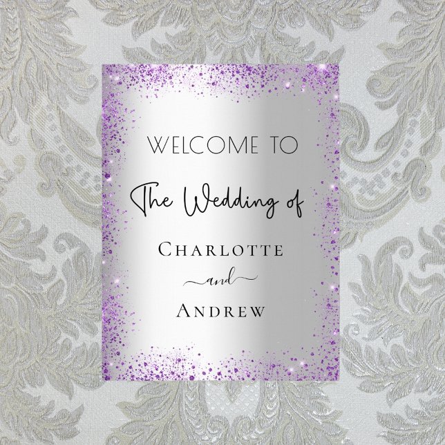 Wedding silver purple sparkles welcome poster (Creator Uploaded)