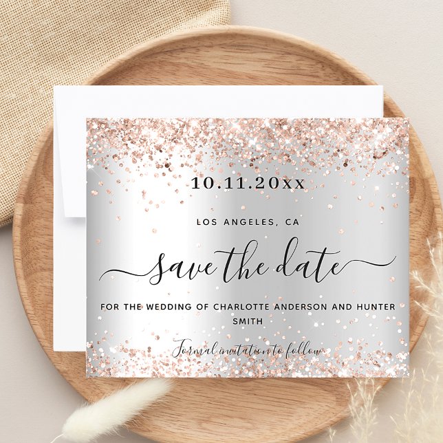 Wedding silver rose gold budget save date card (Creator Uploaded)