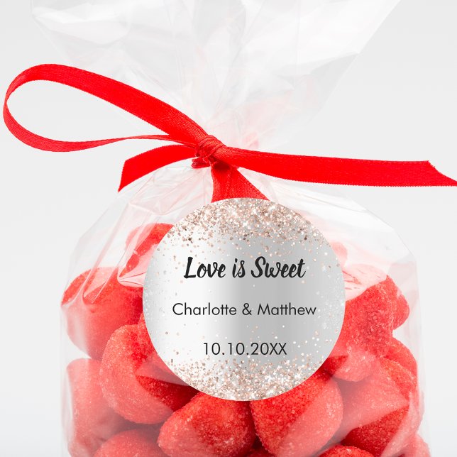 Wedding silver rose gold names Love is Sweet Classic Round Sticker (Creator Uploaded)
