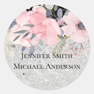 WEDDING - Silver Rosegold Floral Girly Glitter Classic Round Sticker