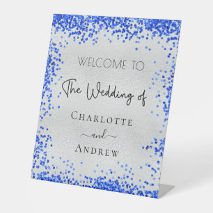 Wedding silver royal blue confetti welcome pedestal sign