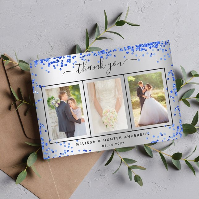 Wedding silver royal blue photo script thank you card (Creator Uploaded)