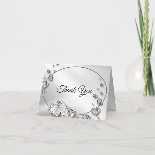 Wedding Silver Shiny Grey Hearts Geometric Elegant Thank You Card (Front)