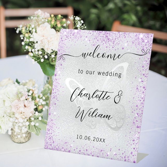 Wedding silver violet butterfly welcome pedestal sign (Creator Uploaded)