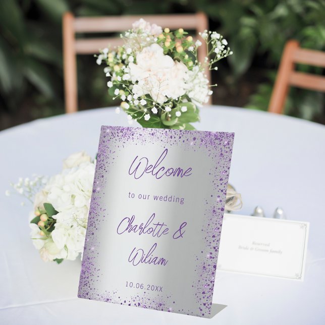 Wedding silver violet purple glitter welcome pedestal sign (Creator Uploaded)