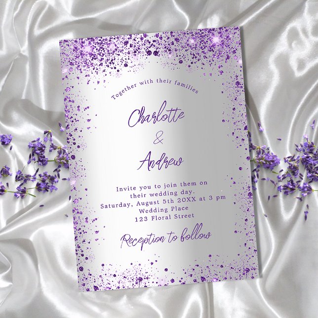 Wedding silver violet purple sparkles invitation (Creator Uploaded)