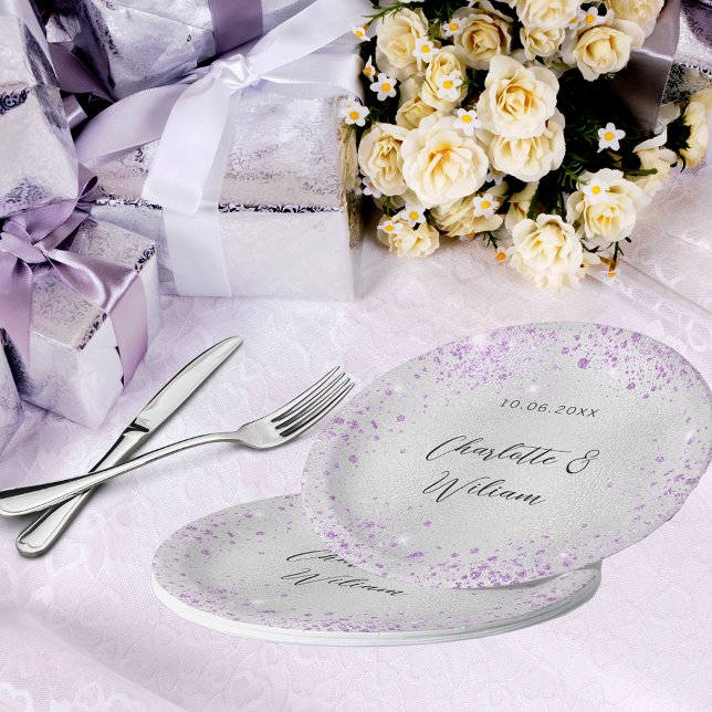 Wedding silver violet sparkles names paper plate (Creator Uploaded)