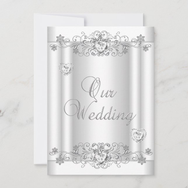 Wedding Silver White Diamond Hearts Invitation (Front)