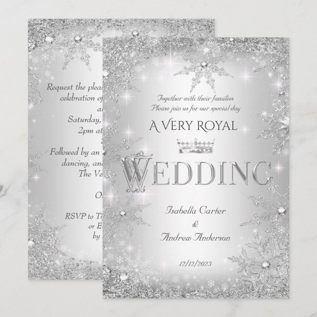 Wedding Silver Winter Wonderland Royal Crown Invitation (Front/Back)