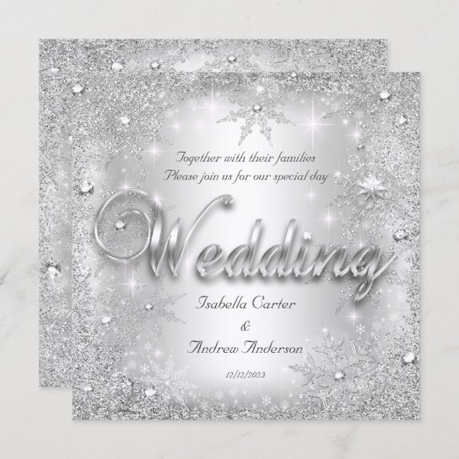 Wedding Silver Winter Wonderland Snowflakes Invitation (Front/Back)