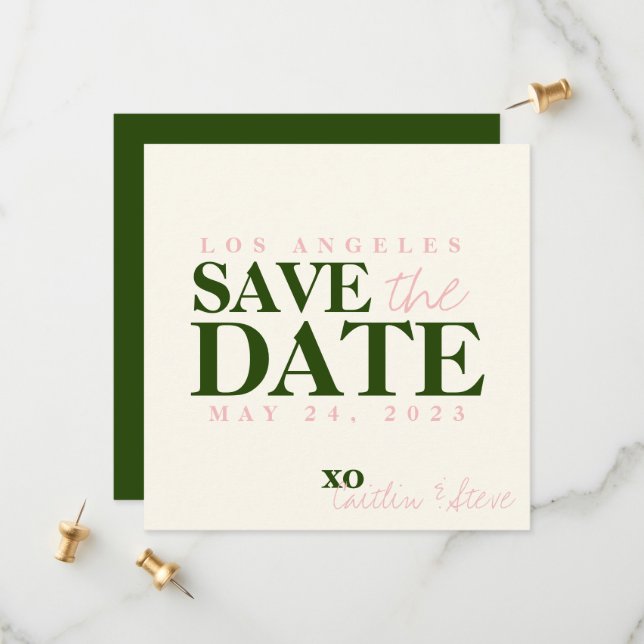 Wedding simple and modern green and pink save the date (Front/Back In Situ)
