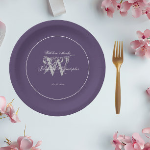 Wedding Simple Elegant Chic Dusty Purple Monogram  Paper Plate