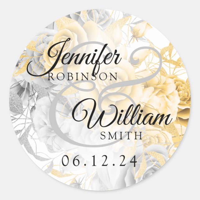Wedding Simple Gold & Silver Elegant Floral  Classic Round Sticker (Front)