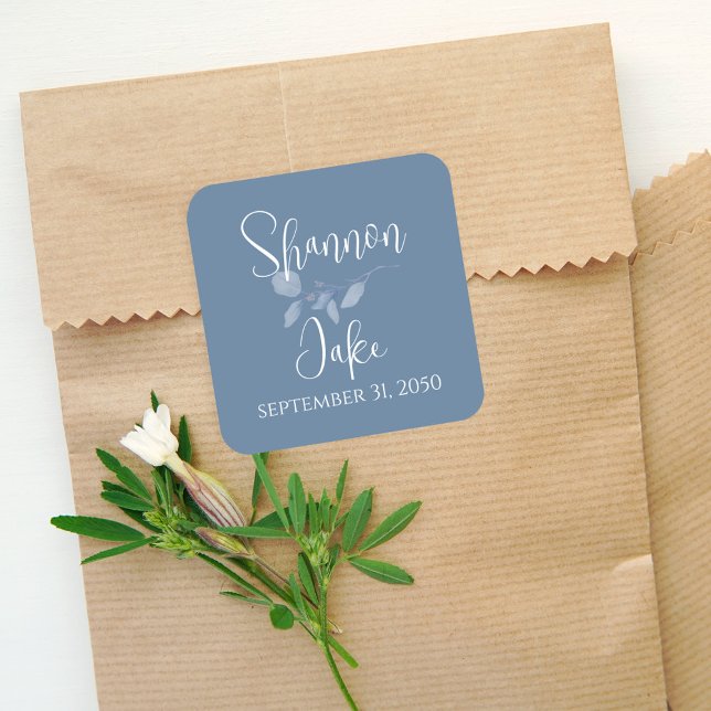 Wedding Simple Minimalist Blue Floral Custom Square Sticker (Creator Uploaded)