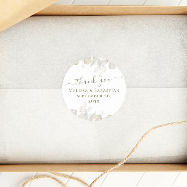 Wedding Simple Thank You Elegant Sage Green  Classic Round Sticker (Elegant wedding sage green favor sticker label with elegant greenery.)