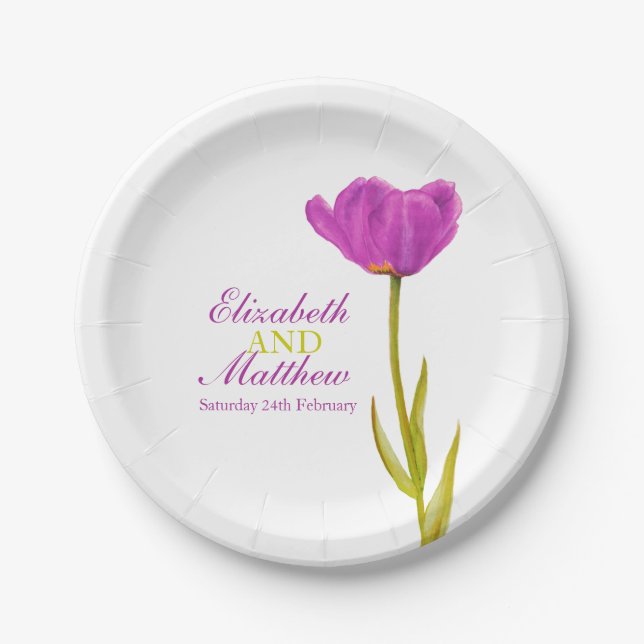 Wedding single purple tulip art named paper plate (Front)