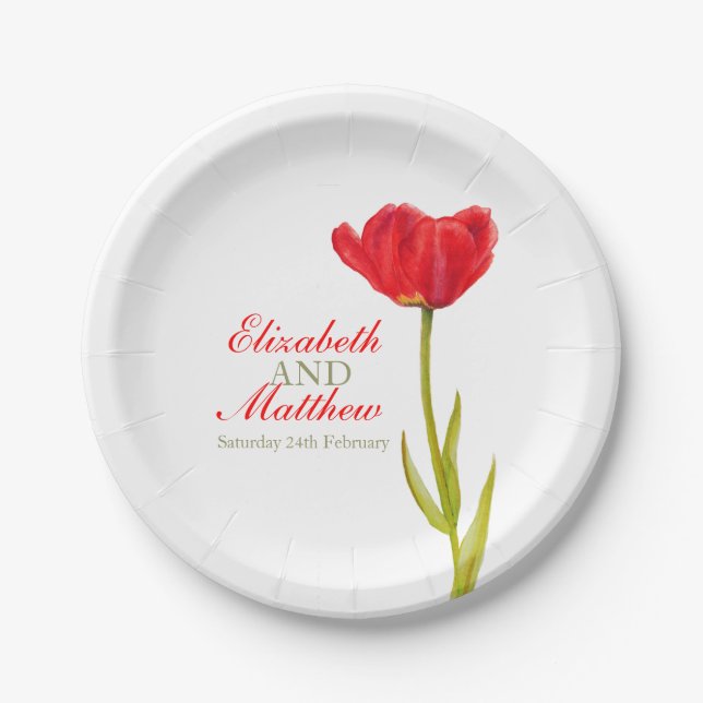 Wedding single red tulip art named paper plate (Front)