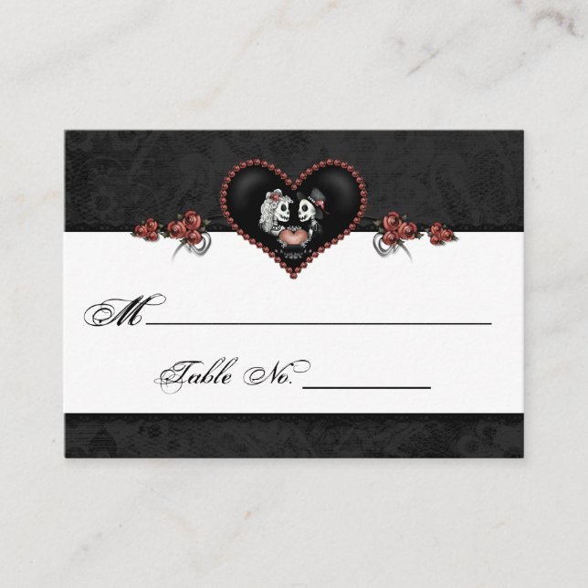 Wedding Skeleton Black & Grey Heart Place Cards (Front)
