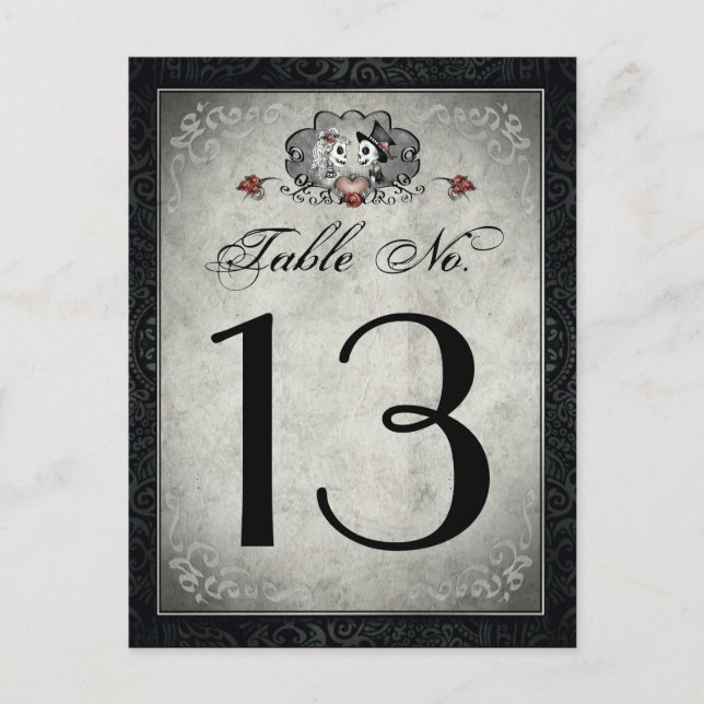 Wedding Skeletons Black Grey & Heart Table Numbers Postcard (Front)