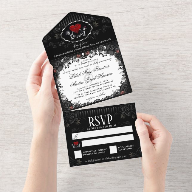 Wedding Skeletons Heart Black White -Together With All In One Invitation (Tearaway)