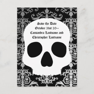 Wedding skull damask   Save the date Announcement Postcard