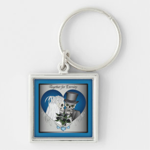 Wedding Skulls - Blue Key Ring
