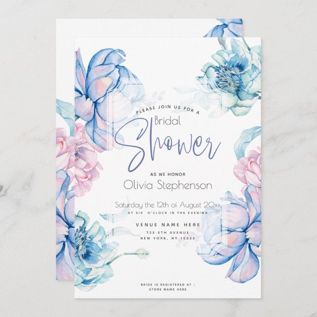 Wedding | Sky Blue and Bubblegum Pink Peonies Invitation (Front/Back)